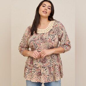 Torrid Babydoll Clip Dot Crinkle Gauze Crochet Neck Top Size 2x